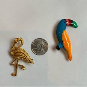 Lot of 2 Bird Brooches Vintage and Handmade Flamingo Parrot Gold Tone Colorful